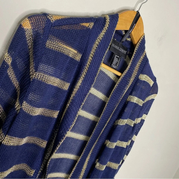 Frank Lyman Design Navy Blue Gold Striped Open Knit Cardigan Women's Size 12 - Picture 2 of 7